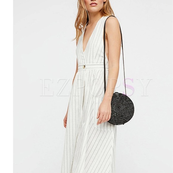 FREE PEOPLE DIANA STRIPED WRAP MIDI  SLEEVELESS PATCH POCKETS WOMENS SIZE MEDIUM - Picture 2 of 12